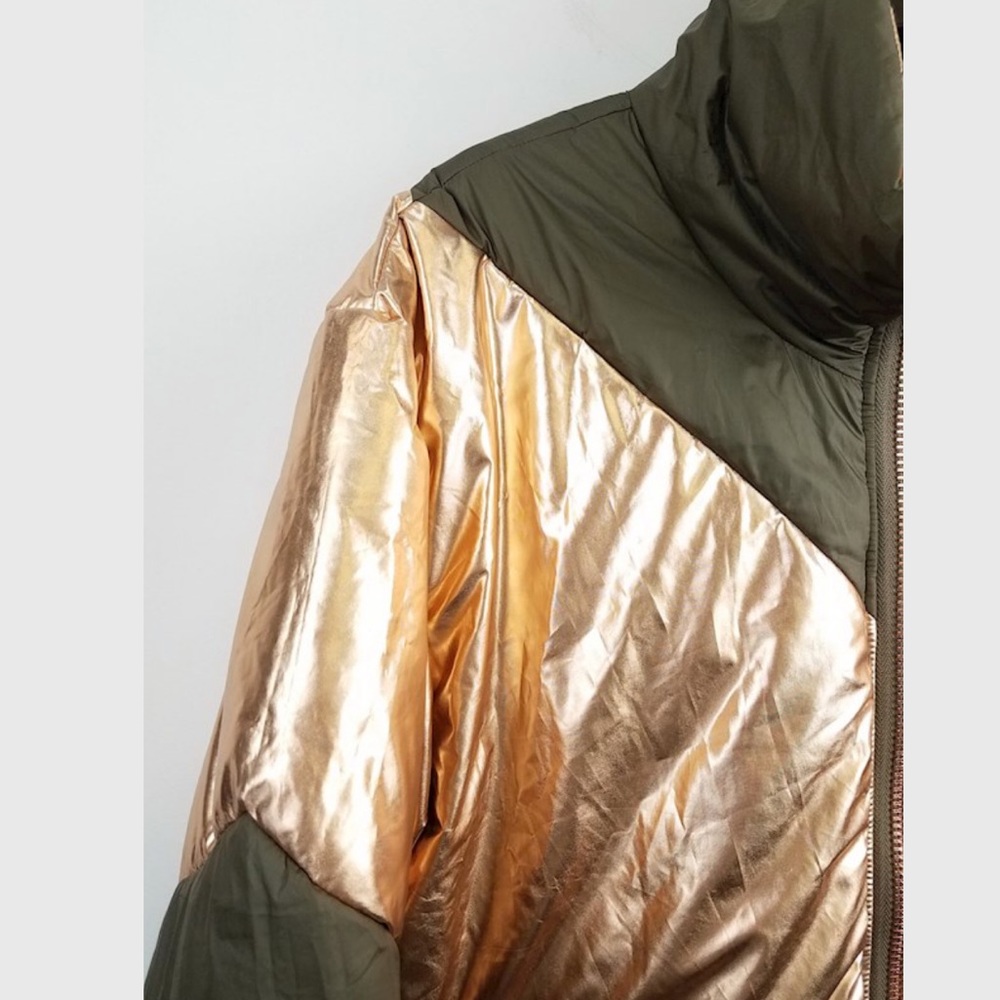 💔SOLD💔FREE PEOPLE Reversible Oversized Puffer Winter Coat Metallic Gold Green - Picture 8 of 12